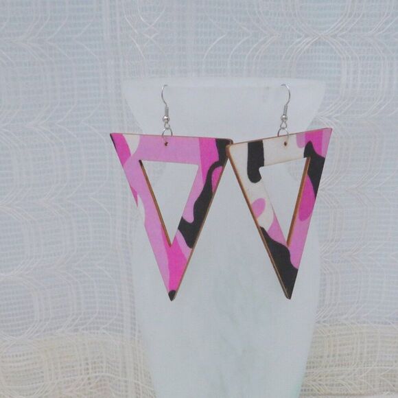 Fashion Inverted Triangle Purple Camo Colored Earrings for Women Statement - Picture 1 of 6